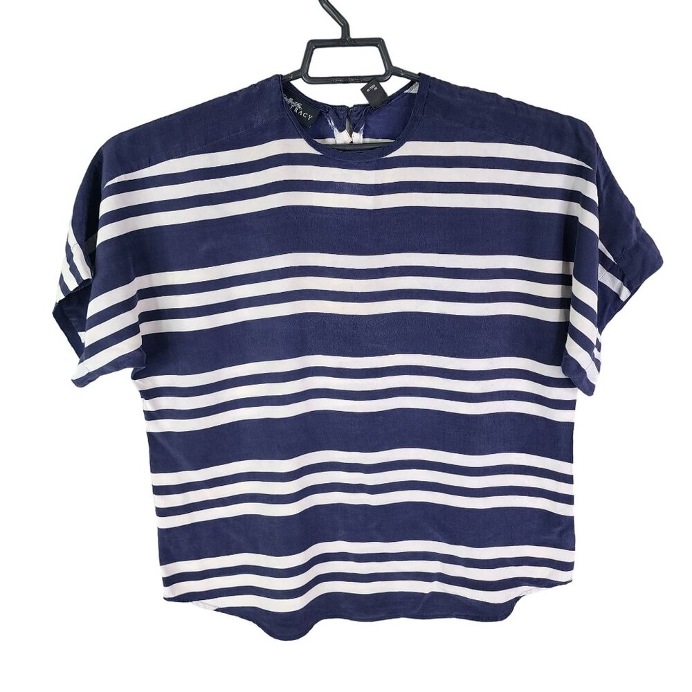Women's Ellen Tracy Petite Silk Blouse Top Navy & White Striped Short Sleeve 12